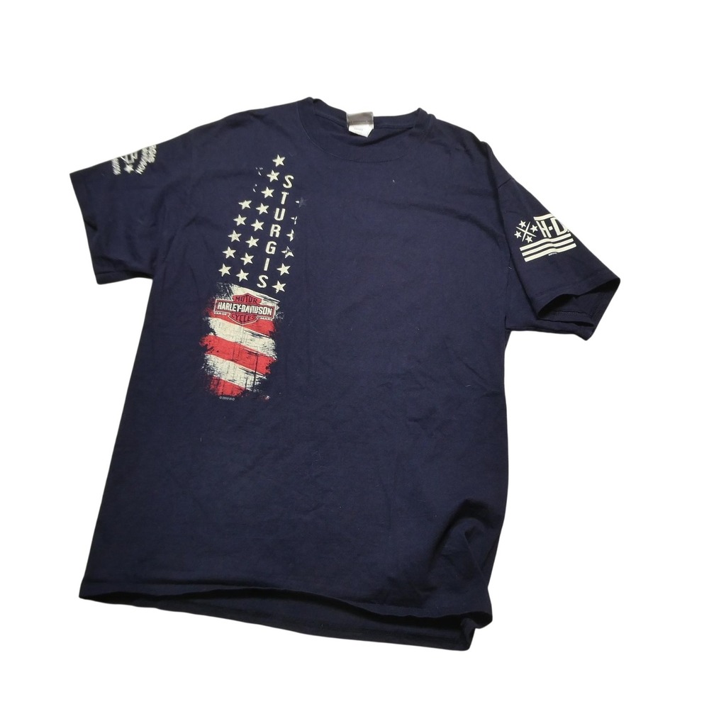 Harley-Davidson Shirt Mens Large Blue Sturgis USA Flag Graphic Motorcycle Tee